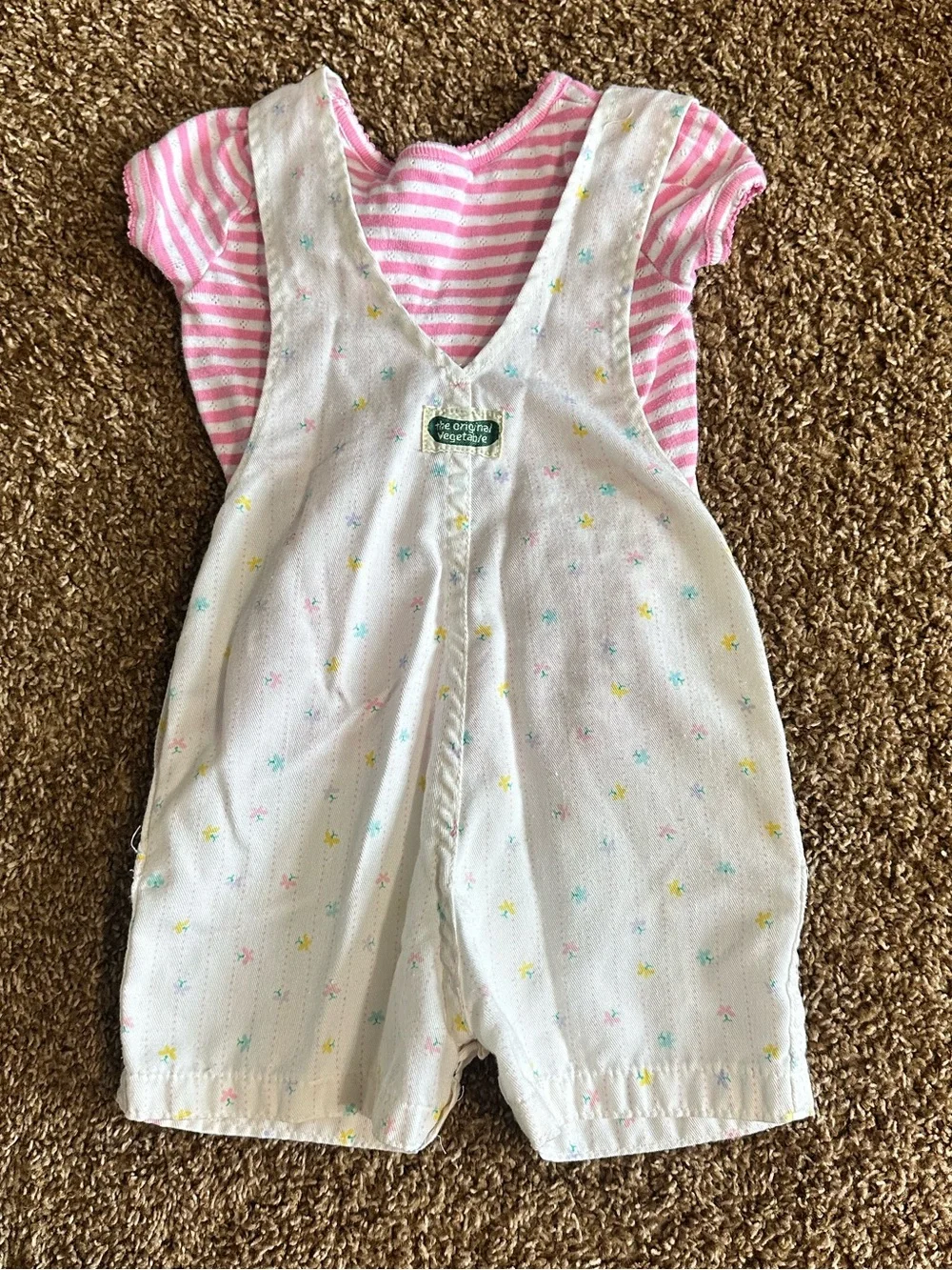 Vintage 1980s Cutecumber brand Flowered Overalls with Striped Mini Boden Shirt
